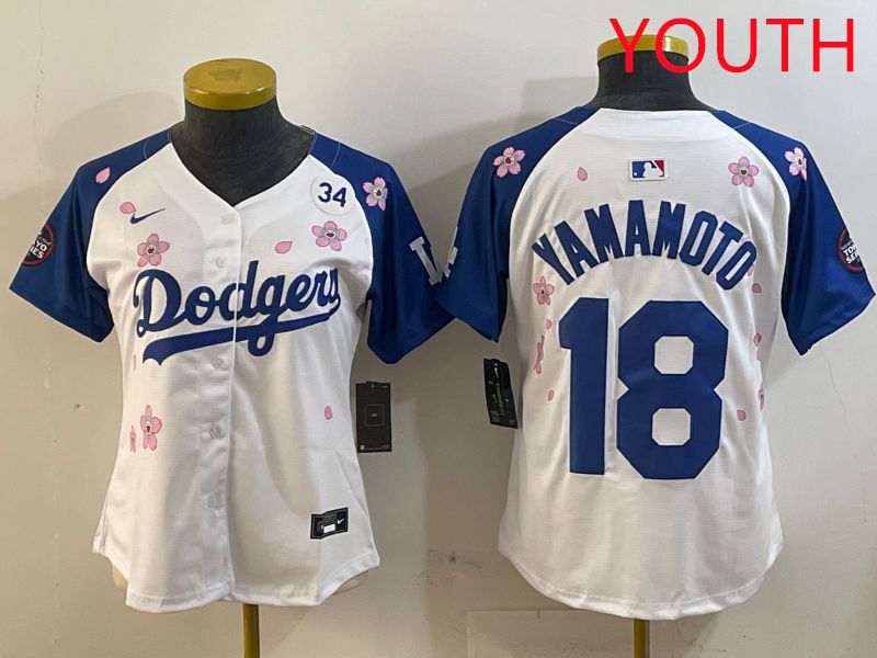 Youth Los Angeles Dodgers #18 Yamamoto White Blue Sakura Edition 2025 Nike MLB Jersey style 4